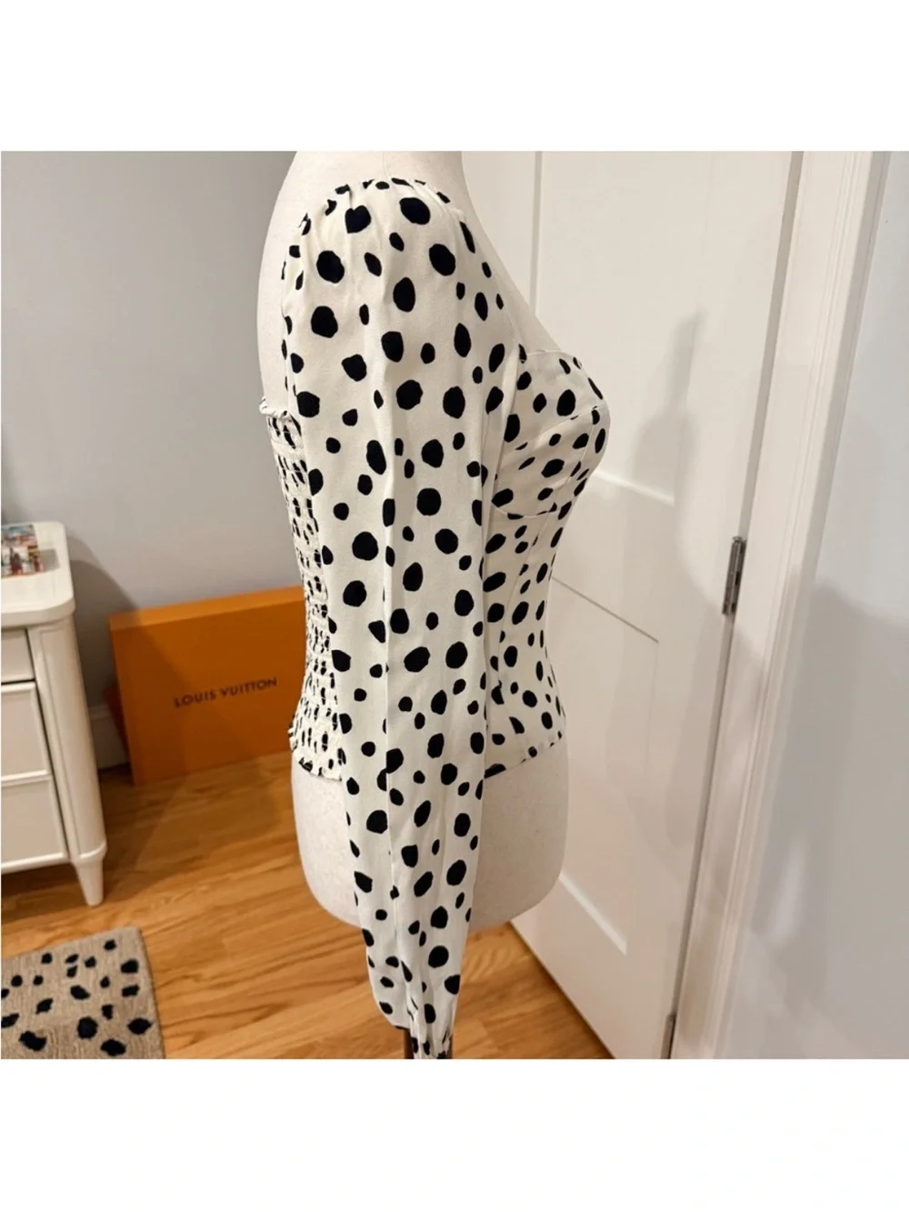 Reformation White and Black Spotted Square-Neck Long Sleeve Top